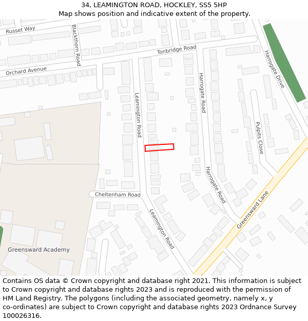 34, LEAMINGTON ROAD, HOCKLEY, SS5 5HP: Location map and indicative extent of plot