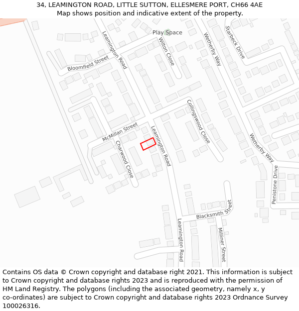 34, LEAMINGTON ROAD, LITTLE SUTTON, ELLESMERE PORT, CH66 4AE: Location map and indicative extent of plot