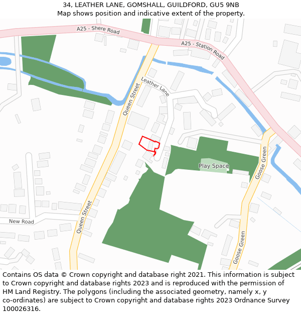 34, LEATHER LANE, GOMSHALL, GUILDFORD, GU5 9NB: Location map and indicative extent of plot