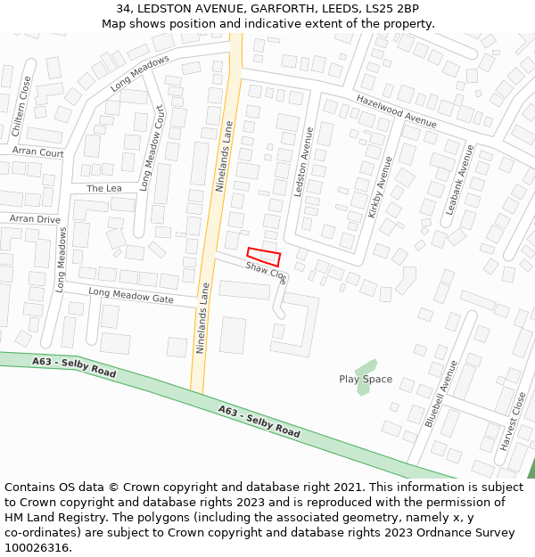 34, LEDSTON AVENUE, GARFORTH, LEEDS, LS25 2BP: Location map and indicative extent of plot