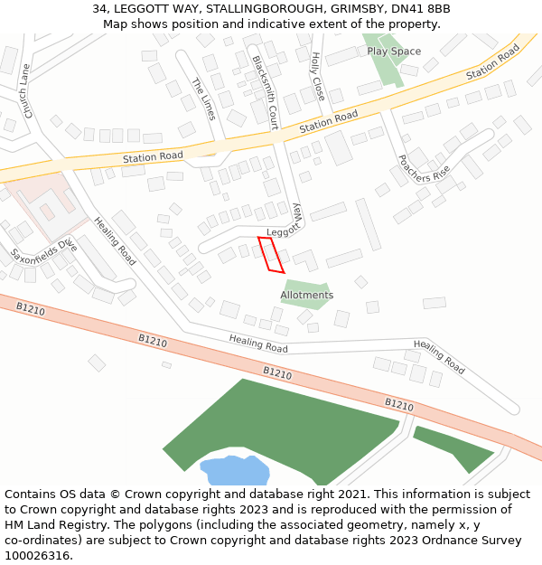 34, LEGGOTT WAY, STALLINGBOROUGH, GRIMSBY, DN41 8BB: Location map and indicative extent of plot