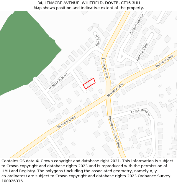 34, LENACRE AVENUE, WHITFIELD, DOVER, CT16 3HH: Location map and indicative extent of plot