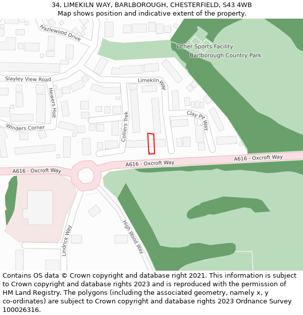 34, LIMEKILN WAY, BARLBOROUGH, CHESTERFIELD, S43 4WB: Location map and indicative extent of plot