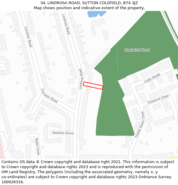 34, LINDROSA ROAD, SUTTON COLDFIELD, B74 3JZ: Location map and indicative extent of plot