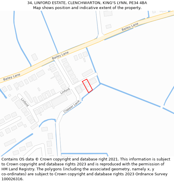 34, LINFORD ESTATE, CLENCHWARTON, KING'S LYNN, PE34 4BA: Location map and indicative extent of plot