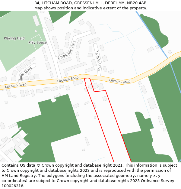 34, LITCHAM ROAD, GRESSENHALL, DEREHAM, NR20 4AR: Location map and indicative extent of plot