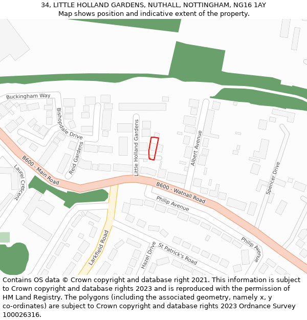 34, LITTLE HOLLAND GARDENS, NUTHALL, NOTTINGHAM, NG16 1AY: Location map and indicative extent of plot