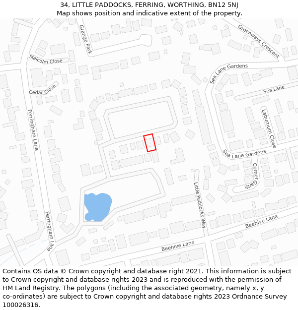 34, LITTLE PADDOCKS, FERRING, WORTHING, BN12 5NJ: Location map and indicative extent of plot