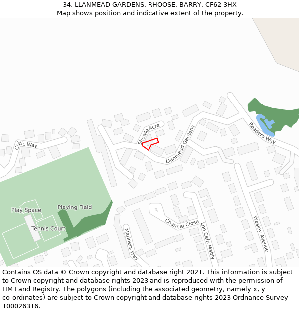 34, LLANMEAD GARDENS, RHOOSE, BARRY, CF62 3HX: Location map and indicative extent of plot