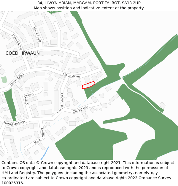 34, LLWYN ARIAN, MARGAM, PORT TALBOT, SA13 2UP: Location map and indicative extent of plot