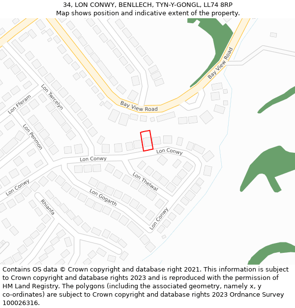 34, LON CONWY, BENLLECH, TYN-Y-GONGL, LL74 8RP: Location map and indicative extent of plot