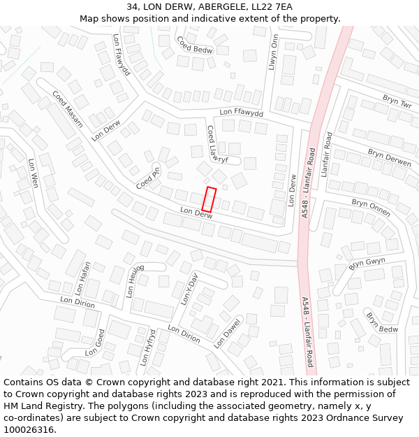 34, LON DERW, ABERGELE, LL22 7EA: Location map and indicative extent of plot