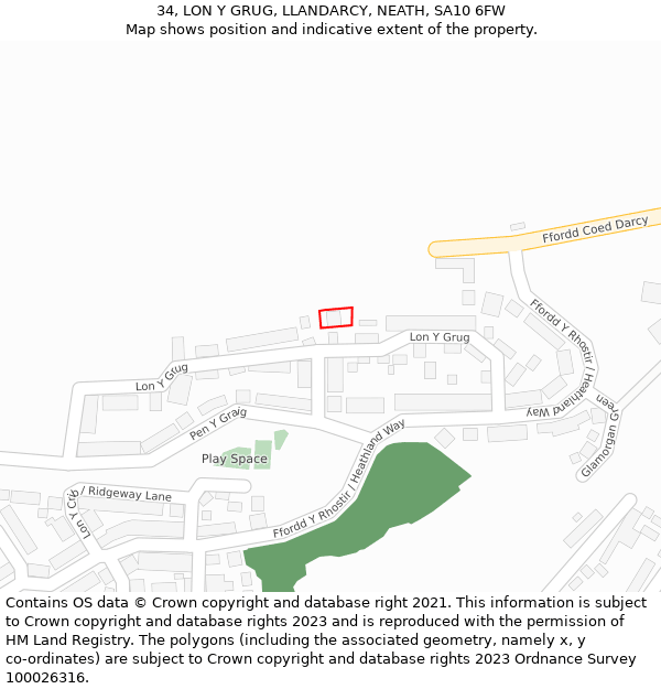34, LON Y GRUG, LLANDARCY, NEATH, SA10 6FW: Location map and indicative extent of plot