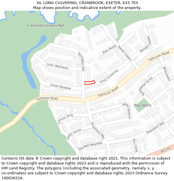 34, LONG CULVERING, CRANBROOK, EXETER, EX5 7ES: Location map and indicative extent of plot