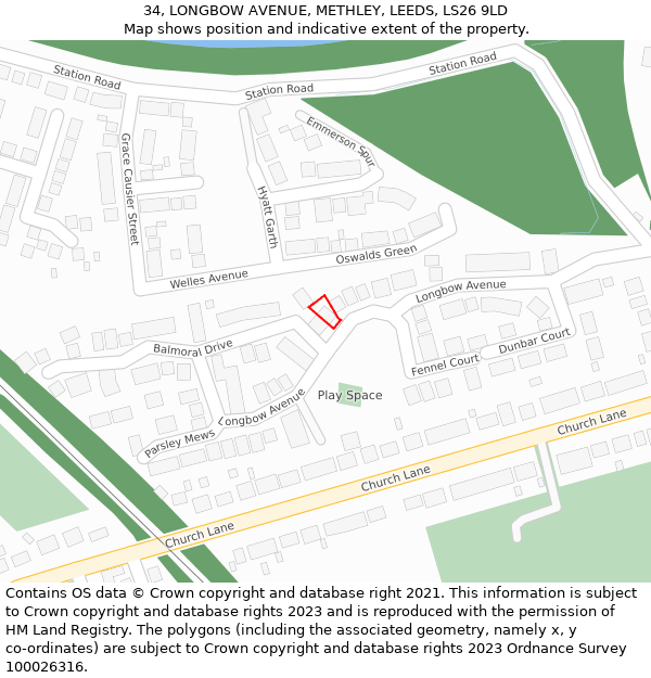 34, LONGBOW AVENUE, METHLEY, LEEDS, LS26 9LD: Location map and indicative extent of plot