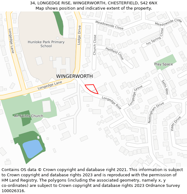 34, LONGEDGE RISE, WINGERWORTH, CHESTERFIELD, S42 6NX: Location map and indicative extent of plot