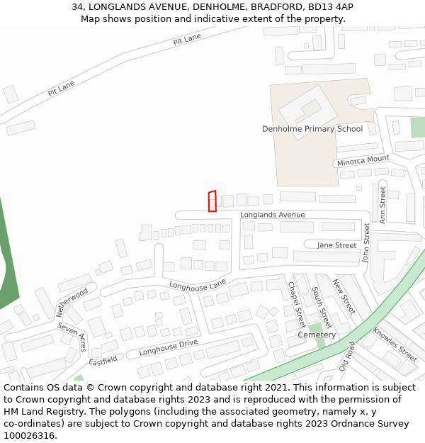 34, LONGLANDS AVENUE, DENHOLME, BRADFORD, BD13 4AP: Location map and indicative extent of plot