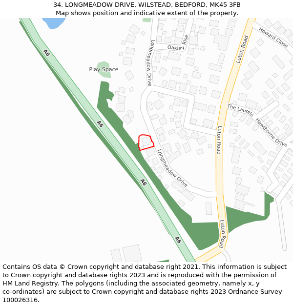 34, LONGMEADOW DRIVE, WILSTEAD, BEDFORD, MK45 3FB: Location map and indicative extent of plot