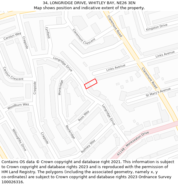 34, LONGRIDGE DRIVE, WHITLEY BAY, NE26 3EN: Location map and indicative extent of plot