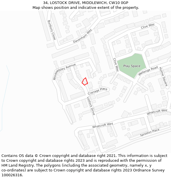 34, LOSTOCK DRIVE, MIDDLEWICH, CW10 0GP: Location map and indicative extent of plot