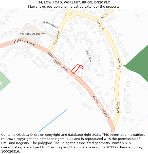 34, LOW ROAD, WORLABY, BRIGG, DN20 0LX: Location map and indicative extent of plot