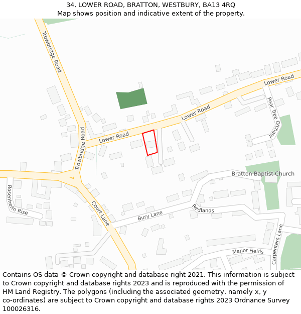 34, LOWER ROAD, BRATTON, WESTBURY, BA13 4RQ: Location map and indicative extent of plot