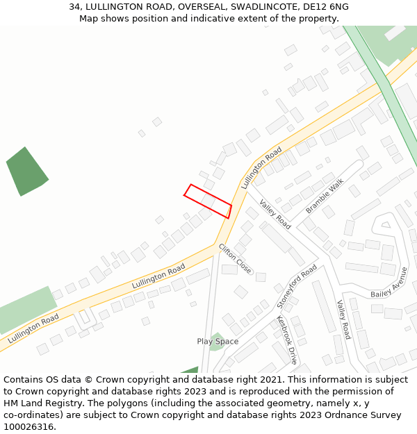 34, LULLINGTON ROAD, OVERSEAL, SWADLINCOTE, DE12 6NG: Location map and indicative extent of plot