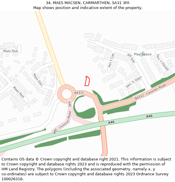 34, MAES MACSEN, CARMARTHEN, SA31 3FA: Location map and indicative extent of plot
