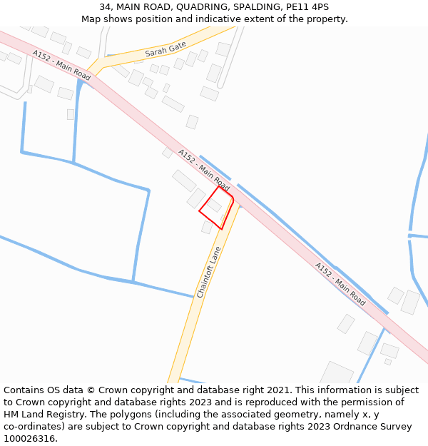 34, MAIN ROAD, QUADRING, SPALDING, PE11 4PS: Location map and indicative extent of plot