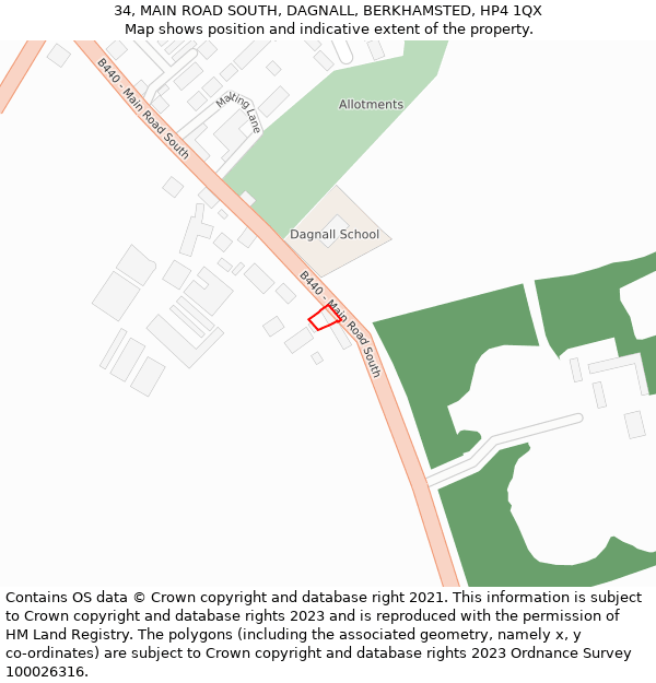 34, MAIN ROAD SOUTH, DAGNALL, BERKHAMSTED, HP4 1QX: Location map and indicative extent of plot