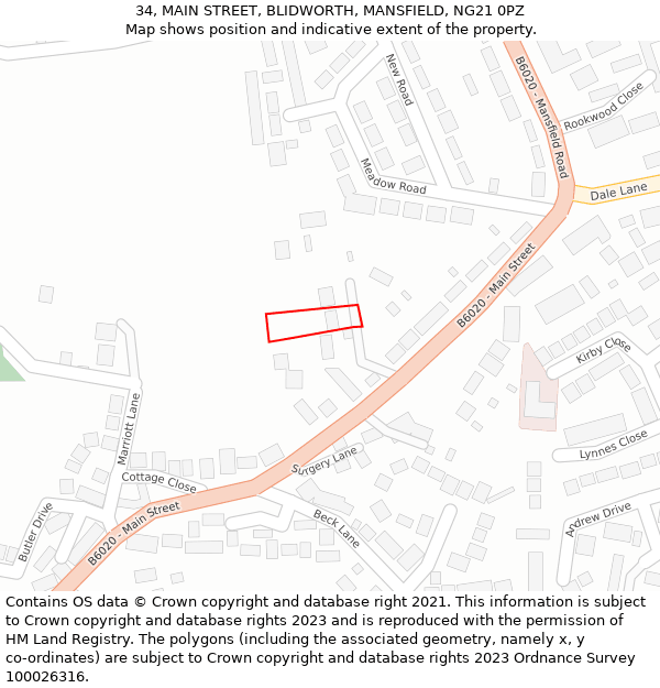 34, MAIN STREET, BLIDWORTH, MANSFIELD, NG21 0PZ: Location map and indicative extent of plot