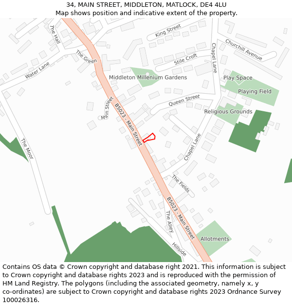 34, MAIN STREET, MIDDLETON, MATLOCK, DE4 4LU: Location map and indicative extent of plot