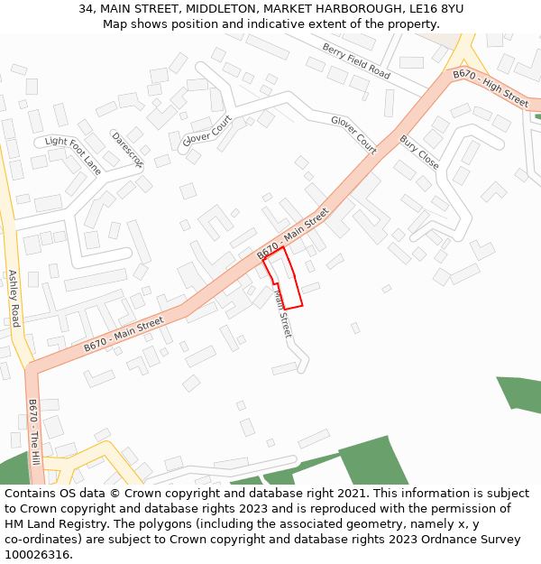 34, MAIN STREET, MIDDLETON, MARKET HARBOROUGH, LE16 8YU: Location map and indicative extent of plot