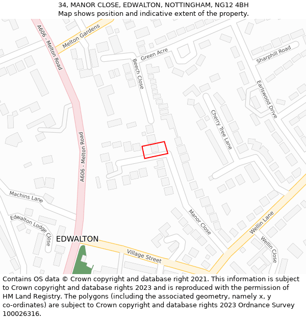 34, MANOR CLOSE, EDWALTON, NOTTINGHAM, NG12 4BH: Location map and indicative extent of plot