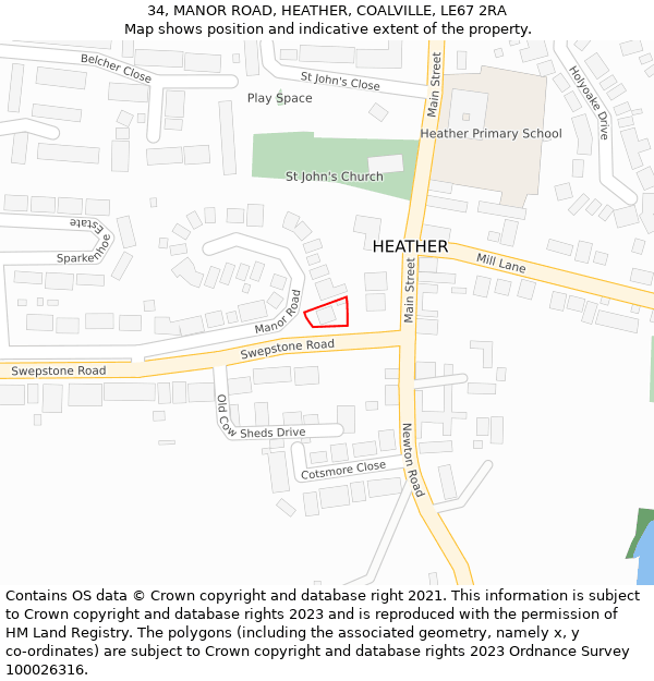 34, MANOR ROAD, HEATHER, COALVILLE, LE67 2RA: Location map and indicative extent of plot