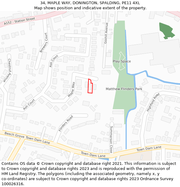 34, MAPLE WAY, DONINGTON, SPALDING, PE11 4XL: Location map and indicative extent of plot