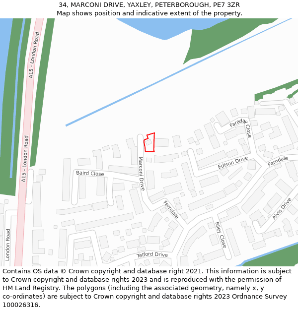 34, MARCONI DRIVE, YAXLEY, PETERBOROUGH, PE7 3ZR: Location map and indicative extent of plot