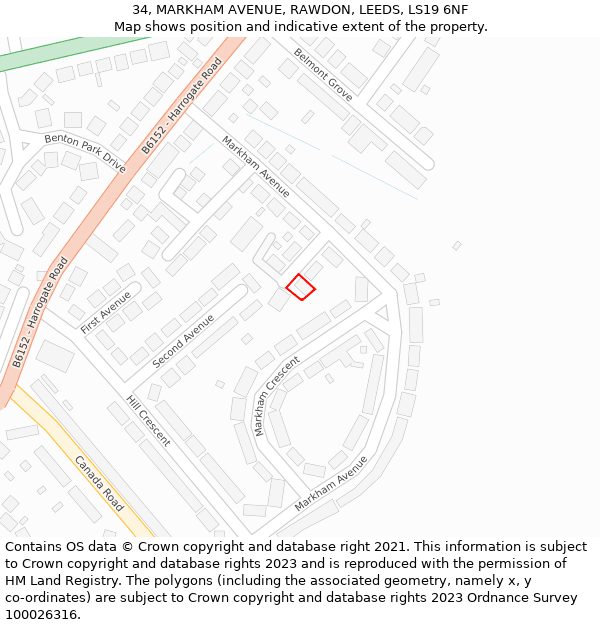 34, MARKHAM AVENUE, RAWDON, LEEDS, LS19 6NF: Location map and indicative extent of plot