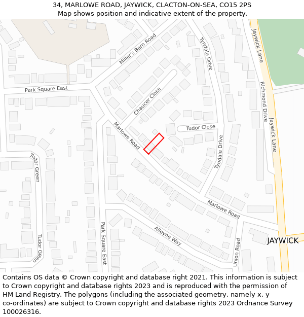 34, MARLOWE ROAD, JAYWICK, CLACTON-ON-SEA, CO15 2PS: Location map and indicative extent of plot