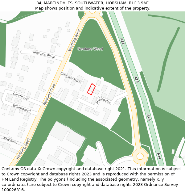 34, MARTINDALES, SOUTHWATER, HORSHAM, RH13 9AE: Location map and indicative extent of plot