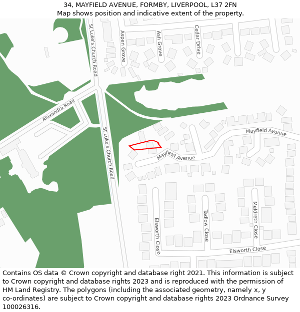 34, MAYFIELD AVENUE, FORMBY, LIVERPOOL, L37 2FN: Location map and indicative extent of plot