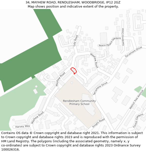 34, MAYHEW ROAD, RENDLESHAM, WOODBRIDGE, IP12 2GZ: Location map and indicative extent of plot