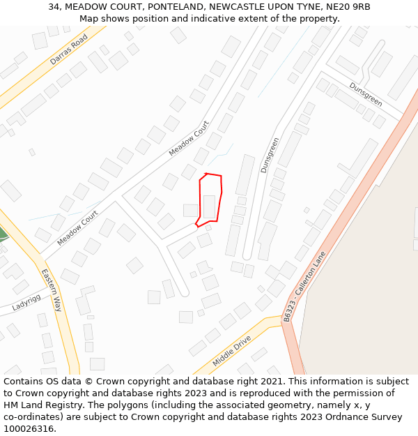 34, MEADOW COURT, PONTELAND, NEWCASTLE UPON TYNE, NE20 9RB: Location map and indicative extent of plot