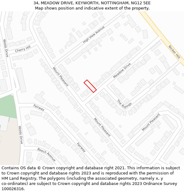 34, MEADOW DRIVE, KEYWORTH, NOTTINGHAM, NG12 5EE: Location map and indicative extent of plot