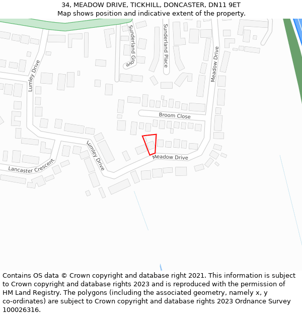 34, MEADOW DRIVE, TICKHILL, DONCASTER, DN11 9ET: Location map and indicative extent of plot