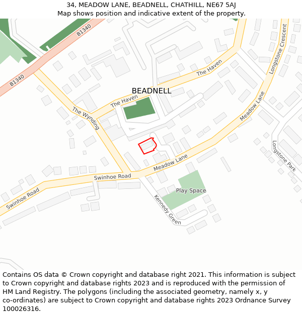 34, MEADOW LANE, BEADNELL, CHATHILL, NE67 5AJ: Location map and indicative extent of plot