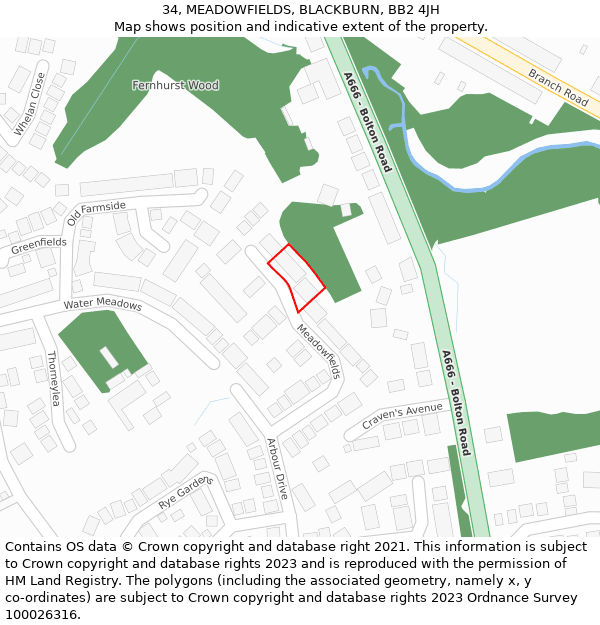 34, MEADOWFIELDS, BLACKBURN, BB2 4JH: Location map and indicative extent of plot