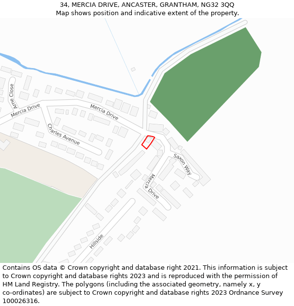 34, MERCIA DRIVE, ANCASTER, GRANTHAM, NG32 3QQ: Location map and indicative extent of plot