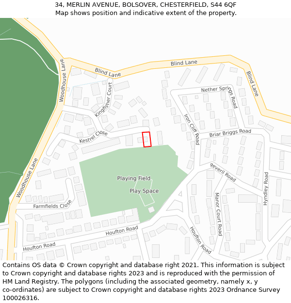 34, MERLIN AVENUE, BOLSOVER, CHESTERFIELD, S44 6QF: Location map and indicative extent of plot