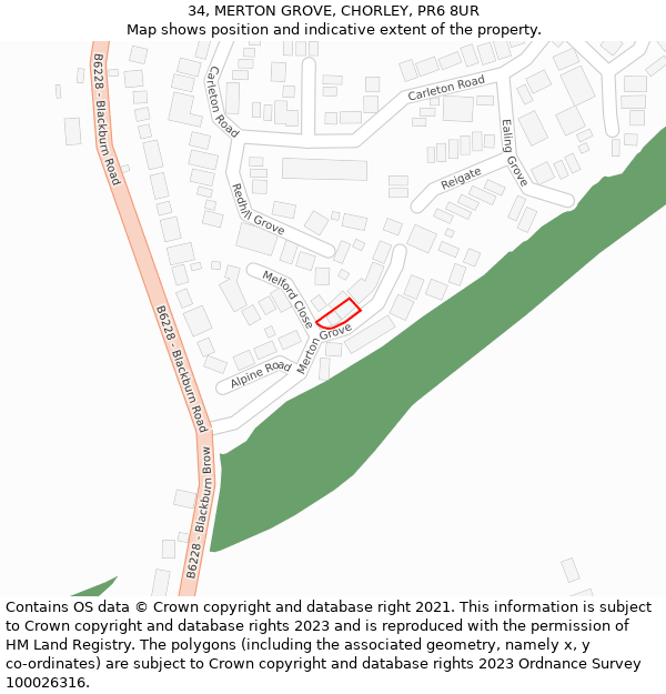 34, MERTON GROVE, CHORLEY, PR6 8UR: Location map and indicative extent of plot